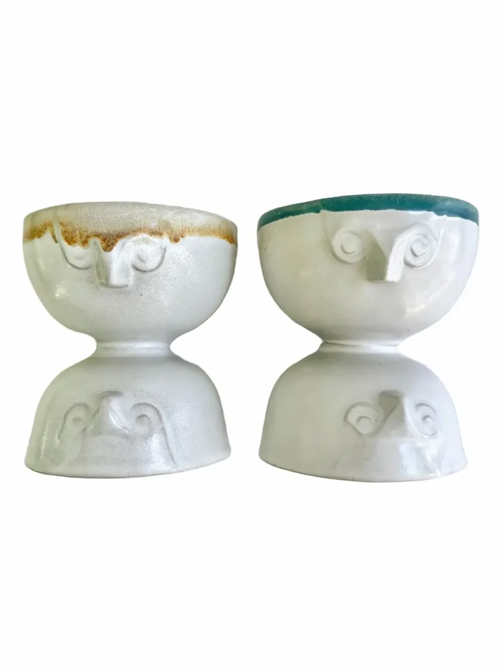 2 Vintage MCM Design Danish Ceramic Owl Faces Double Pedestal Bowls RARE